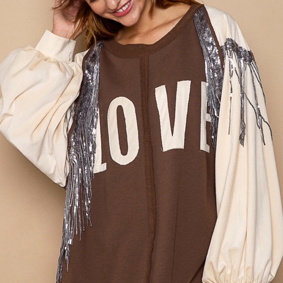 New POL Clothing Endless love Sequin Fringe Sweatshirt Pullover Brown Oversized - Picture 2 of 10